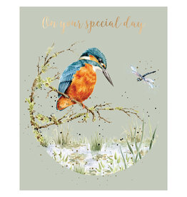 Wrendale Design Card - Birthday 'Pond Dipping' Kingfisher Gold Foiled