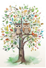 Bug Art Greeting Card - Owls in Tree