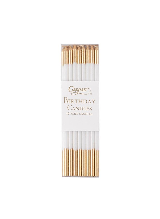 Slim Birthday Candles in White & Gold - 16 Candles Per Package