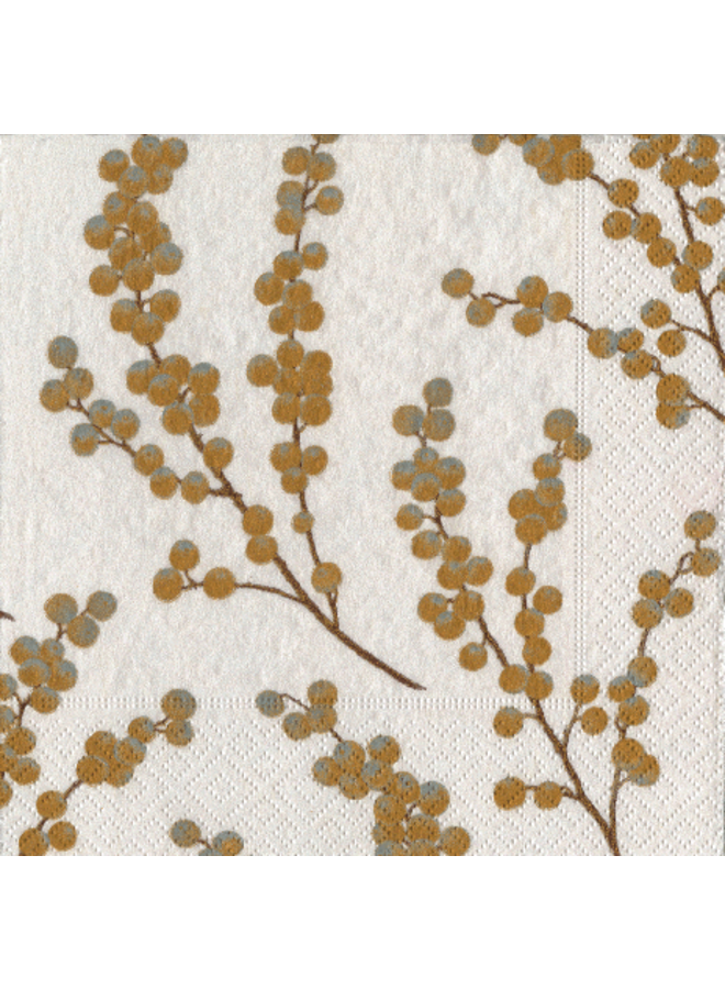 Berry Branches Paper Cocktail Napkins in White & Gold - 20 Per Package