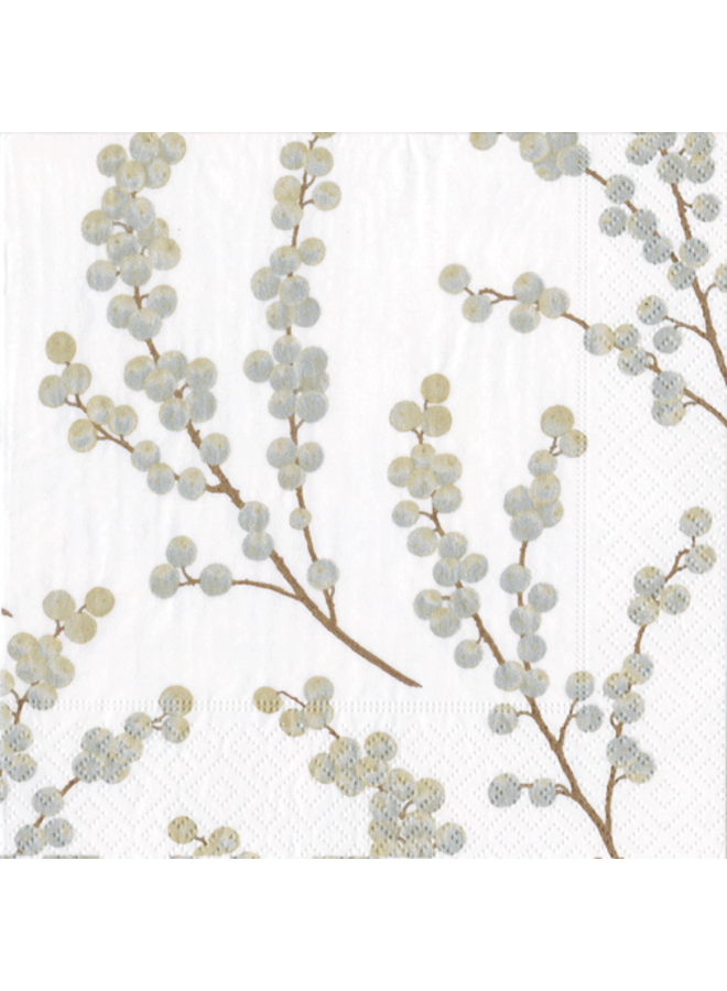 Berry Branches White/Silver Paper Cocktail Napkins - 20 Per Package