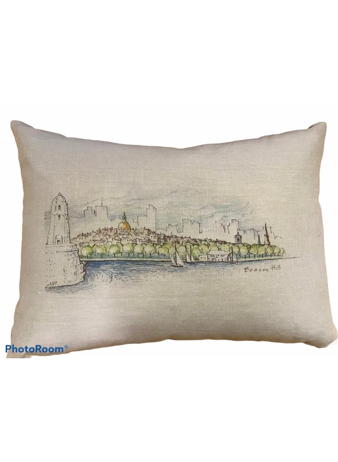 Boston Skyline White Linen Pillow in Color