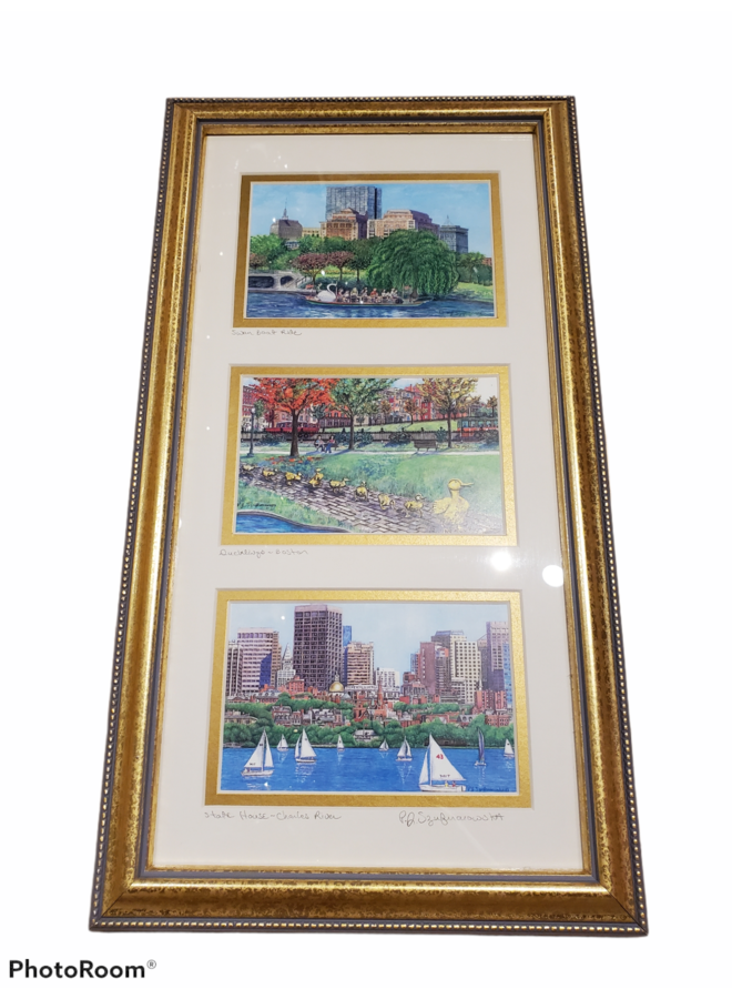 Gold Framed Trio of the Swanboats, Ducklings & Charles River