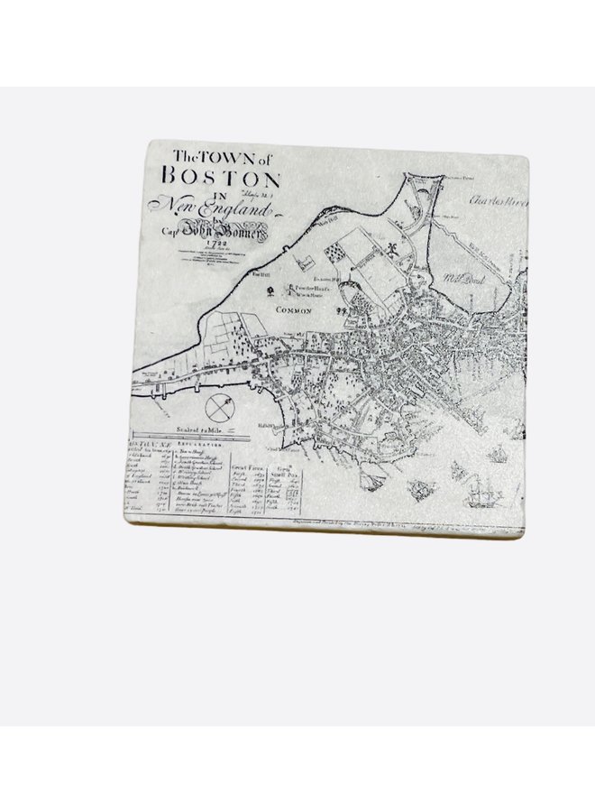 Antique Boston Map Black & White Marble Coaster