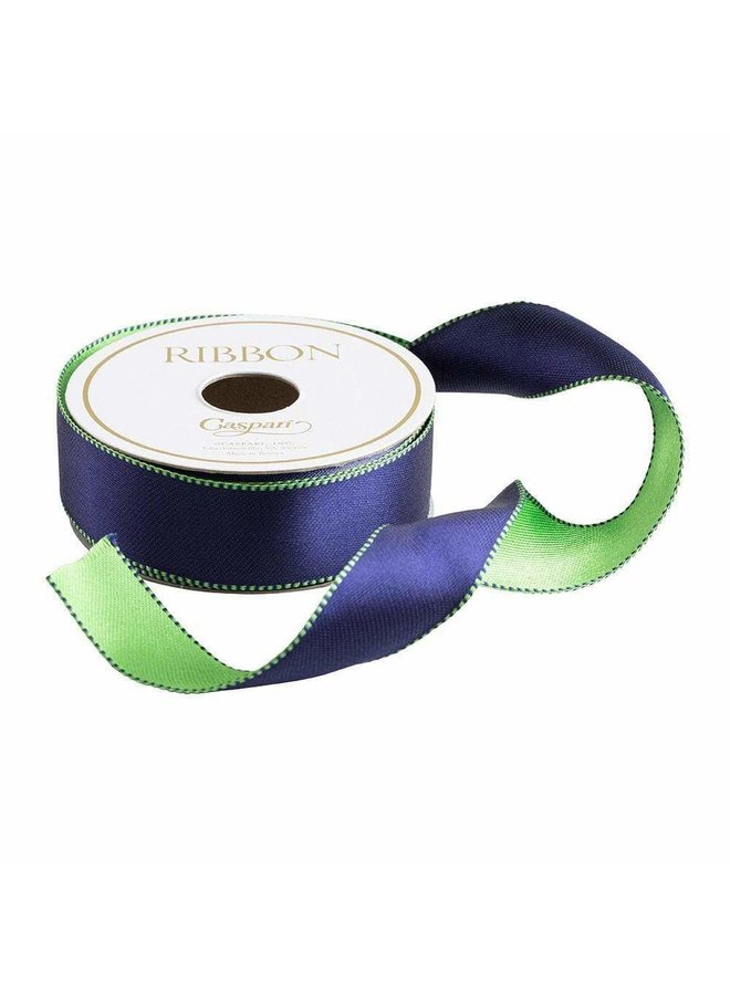 Navy & Green Reversible Satin Wired Ribbon - 10 Yard Spool