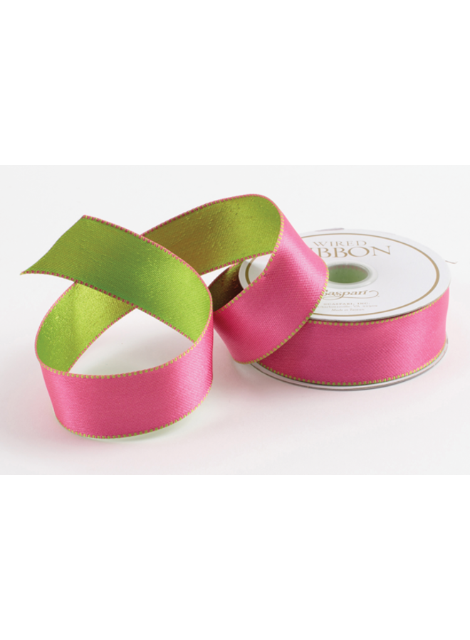 Pink & Green Reversible Satin Wired Ribbon - 10 Yard Spool