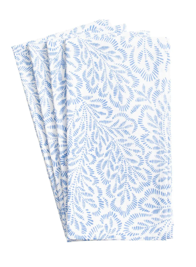 Block Print Leaves Cotton Dinner Napkins in White & Blue - Set of 4