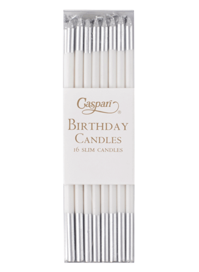 Slim Birthday Candles in White & Silver - 16 Candles Per Package