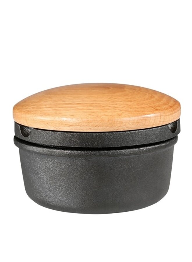 "XL" Spice Buddy, cast iron with beech wood lid, 5.4"H x 5.4"D x 3.8" diameter