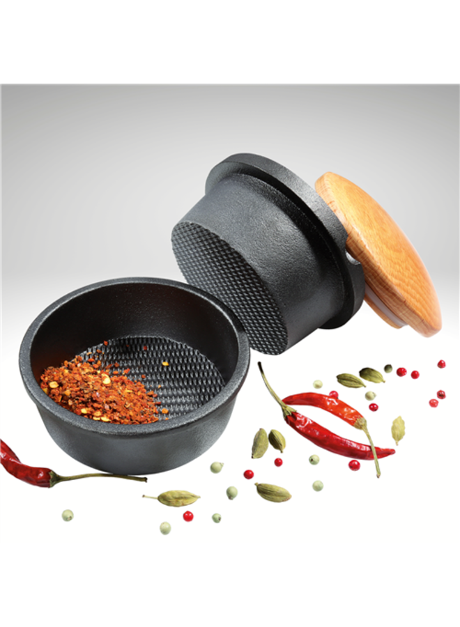 "XL" Spice Buddy, cast iron with beech wood lid, 5.4"H x 5.4"D x 3.8" diameter