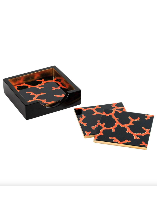 Coral Sea - Black  Lacquer Coaster in Holder - Set of 4