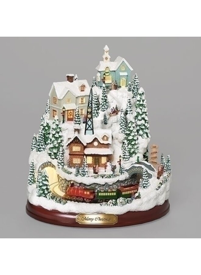 9"H Musical Lighted Snowy Mountain Village with Rotating Train and Skaters