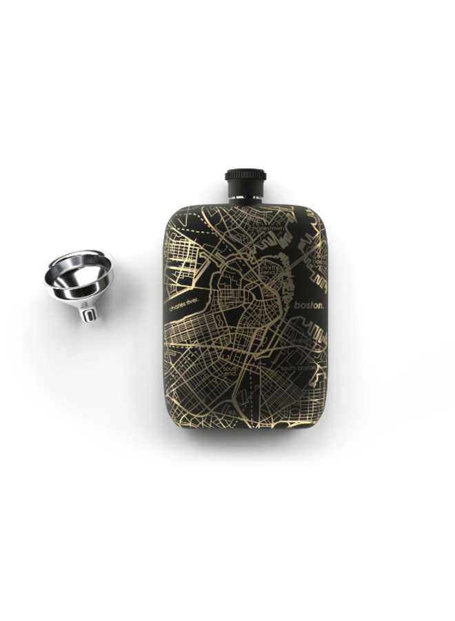 Boston Etched Map Pocket Flask - Matte Black