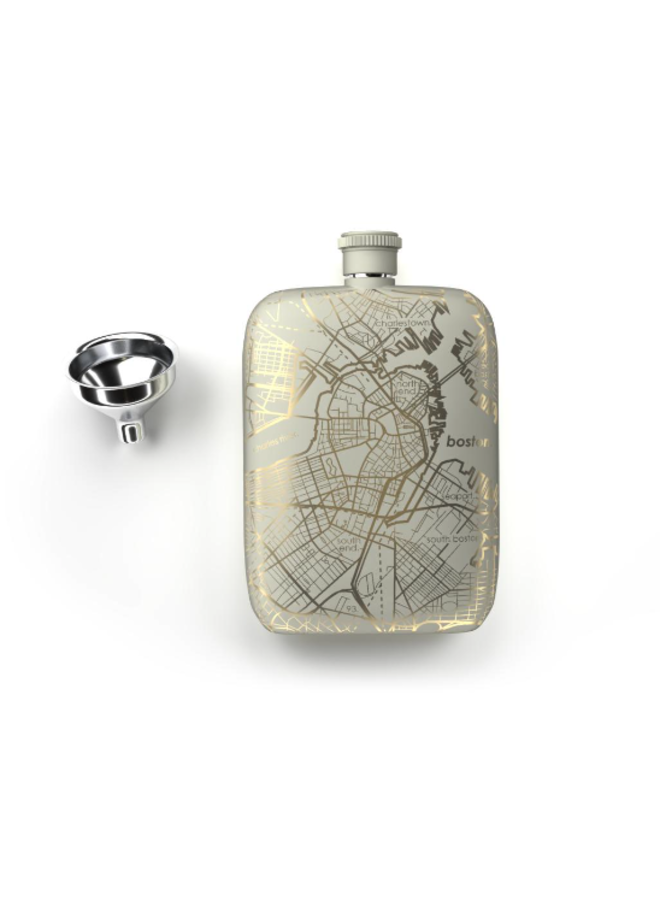 Boston Etched Map Pocket Flask - Matte White