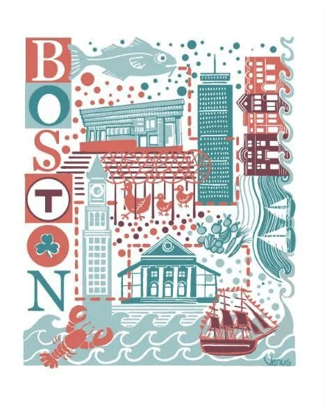 A red, white, and blue Boston-themed eco-friendly dish cloth.