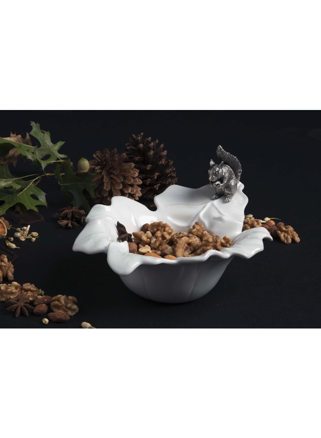 Fine Porcelain Leaf Bowl with Pewter Squirrel