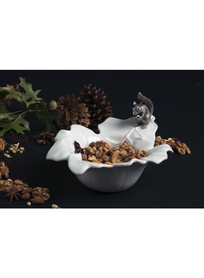 Fine Porcelain Leaf Bowl with Pewter Squirrel