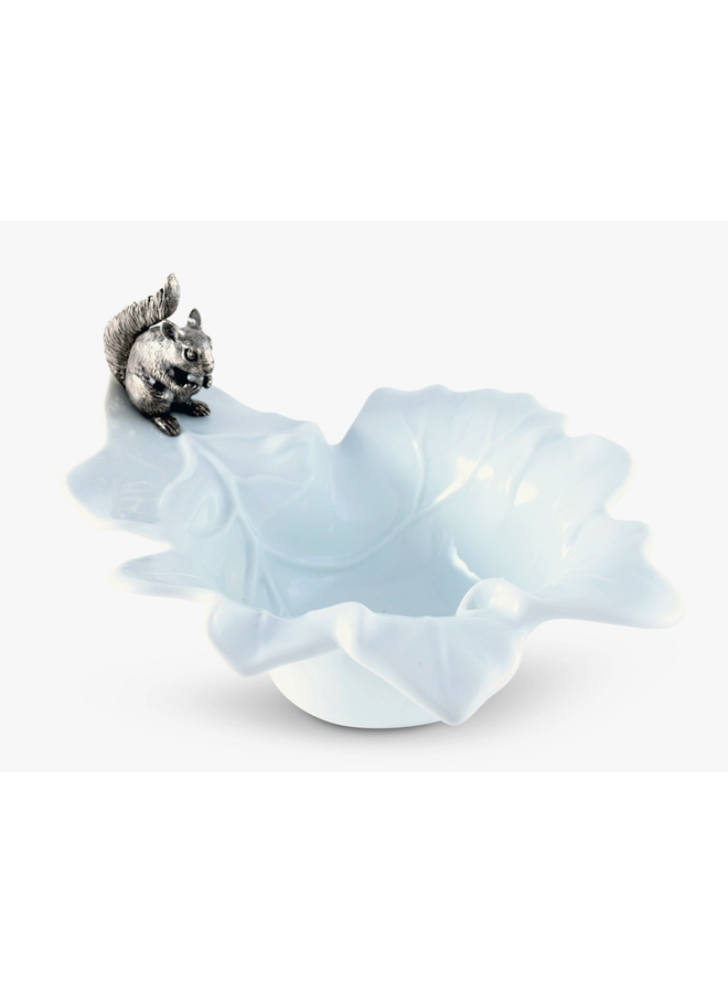 Fine Porcelain Leaf Bowl with Pewter Squirrel