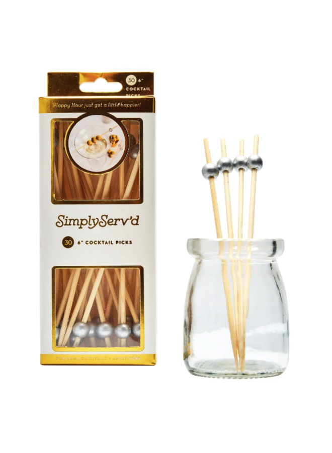 Fancy Bamboo 6" Party Pick Toothpick Silver Ball - 30 per package