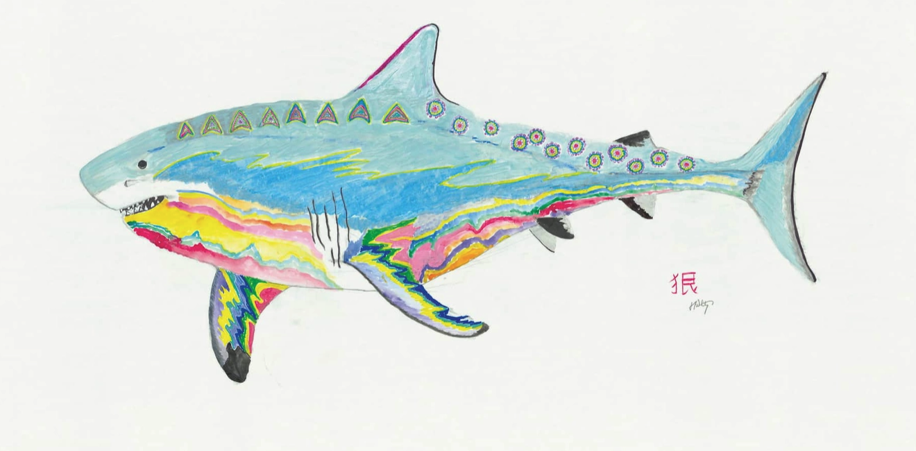 FishAye Trading Co.'s Psycho Shark Placemat, which features an abstract blue, yellow, and pink shark on a white background. 