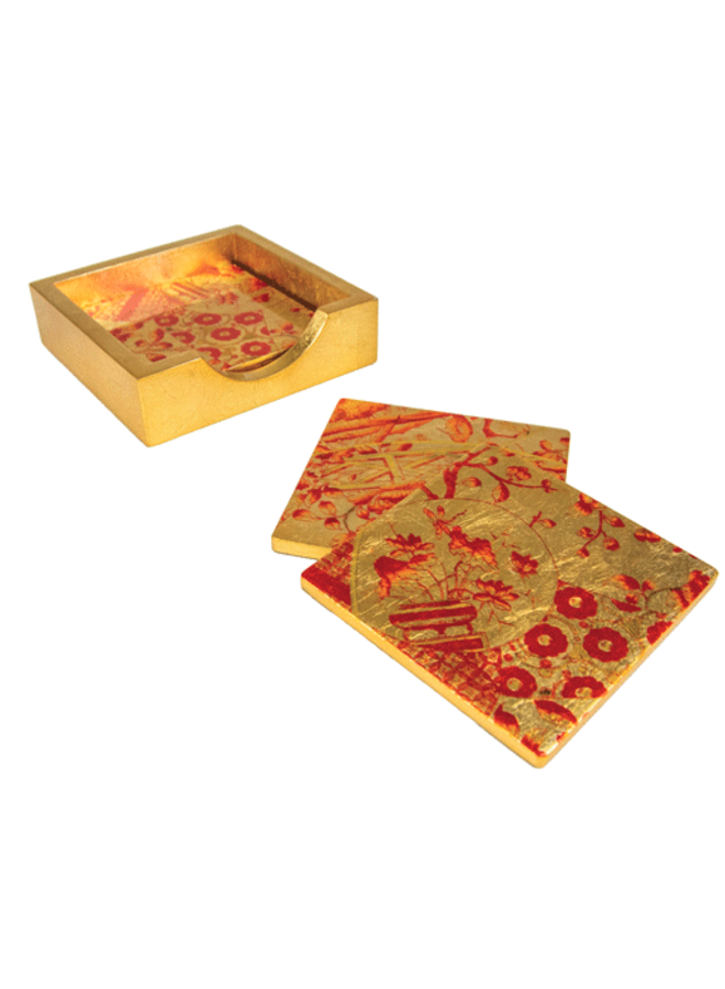 Gilded Porcelain Coral/Gold Lacquer Coaster Set