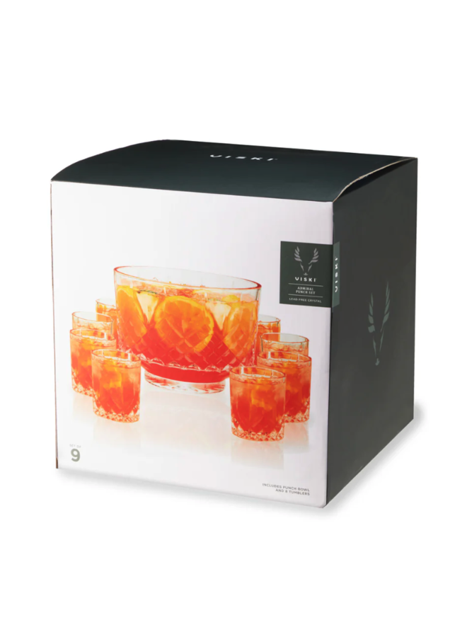 Admiral Crystal 9-Piece Punch Bowl w/ Tumblers Set