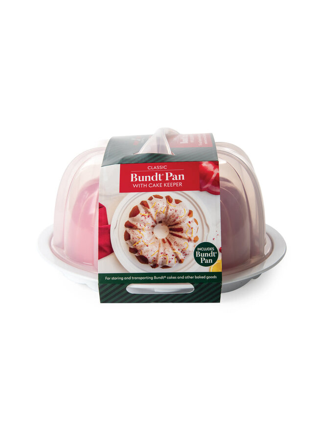 Red Formed Bundt Pan with White Cake Keeper