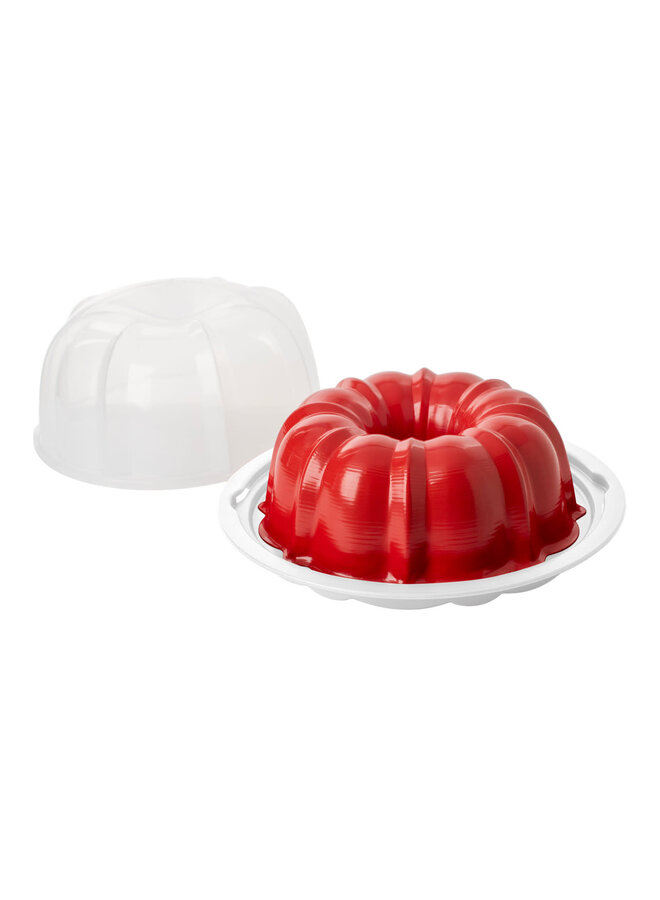 Red Formed Bundt Pan with White Cake Keeper