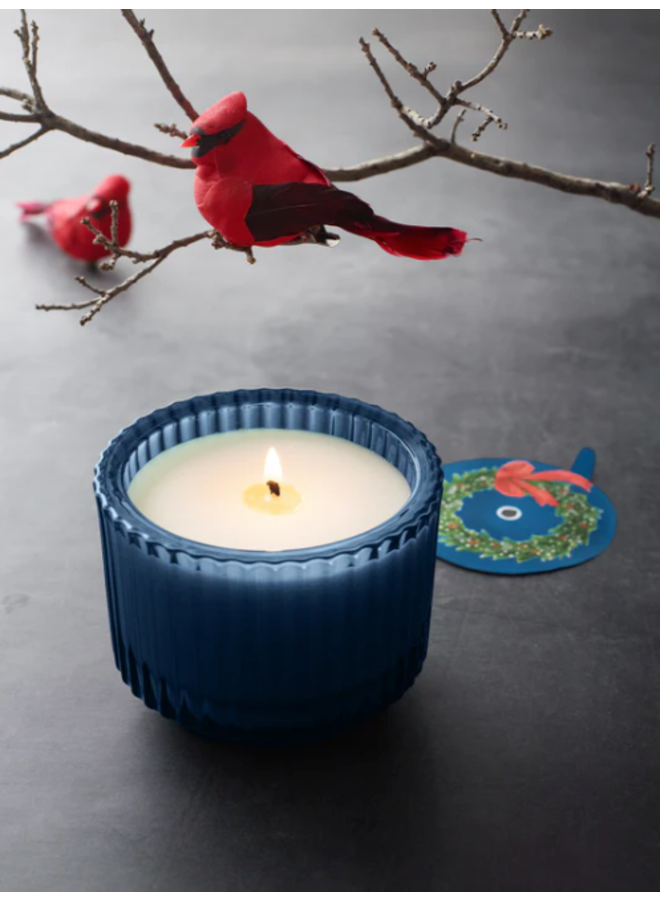 Home for the Holidays Roland Pine 6 oz Blue Single-Wick Ribbed Glass Candle