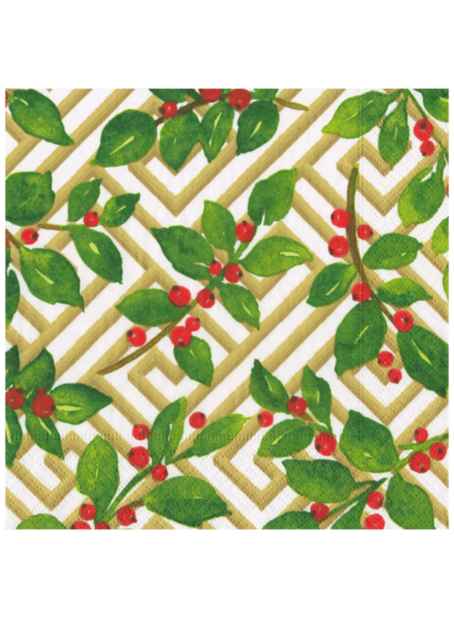 Holly and Fretwork White Dinner Napkins - 20 Per Package