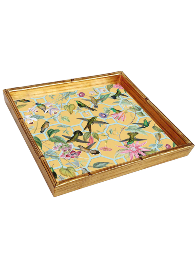 Hummingbird Trellis Gold Bamboo Edge Lacquer Square Tray