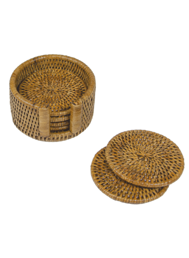 Rattan Round Coaster Set/holder Honey