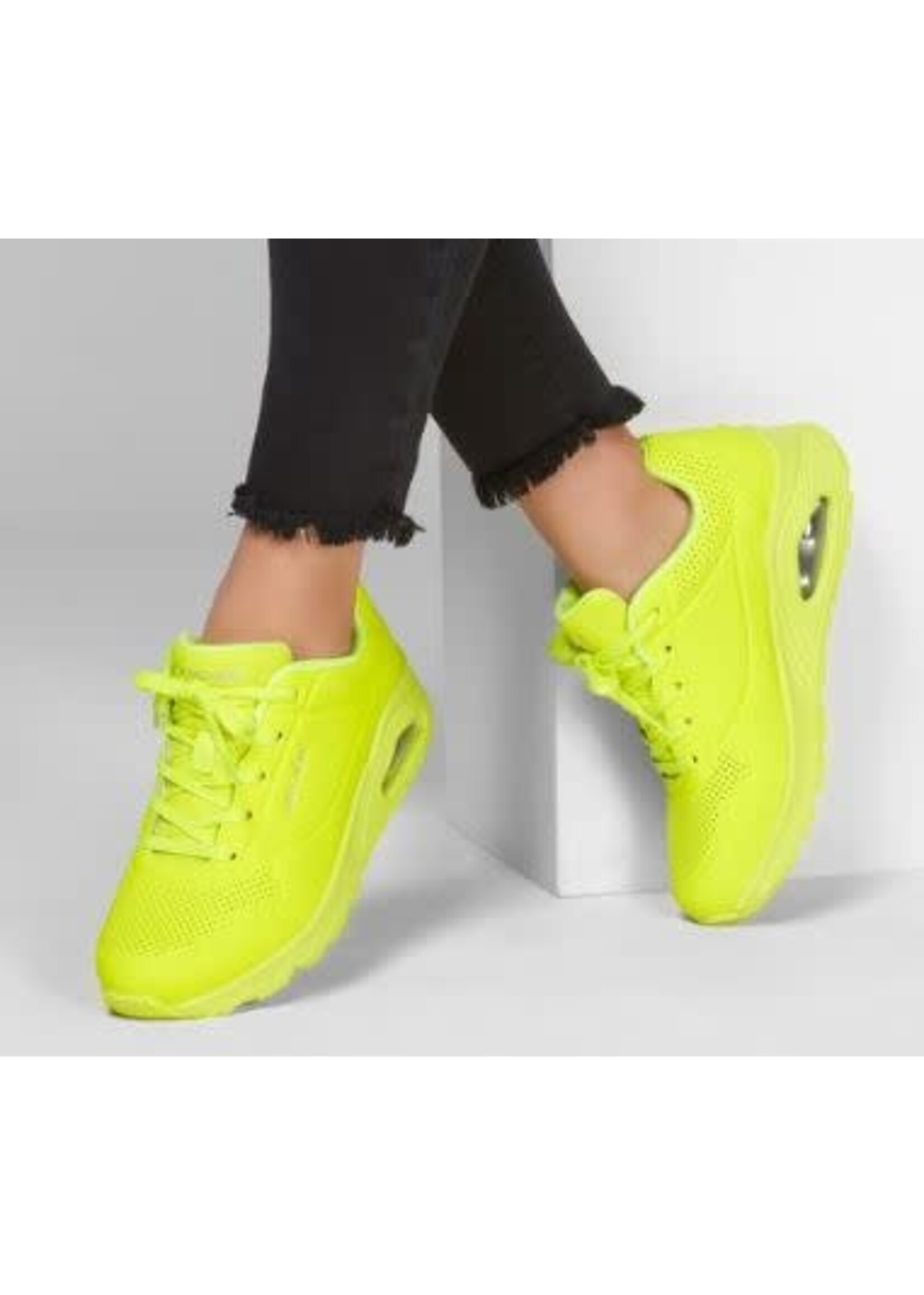 Skechers Women's Skecher Street Women's Uno - Night Shades Sneaker, Pink Hot Pink Durabuck Neon Yellow