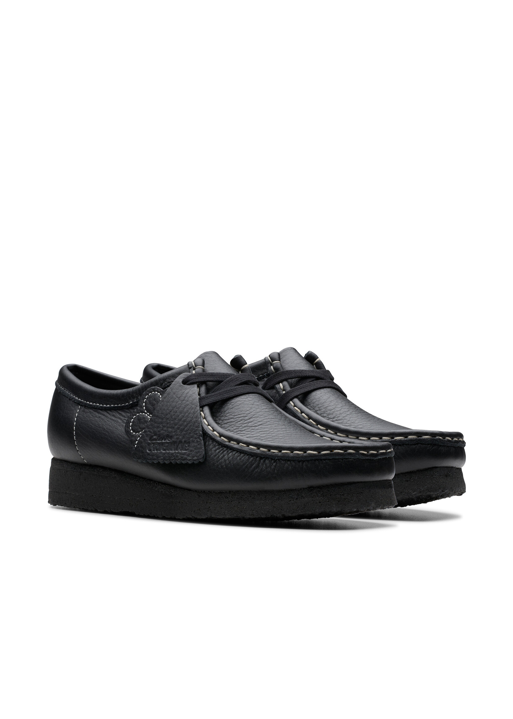 Clarks Women’s Wallabee Black Tumbled Leather Moccasin Shoes – Hand‑Stitched Center‑Seam Moccasin Construction, Tassel Lace‑Up Trim & Signature Crepe Sole (Style 26180679)