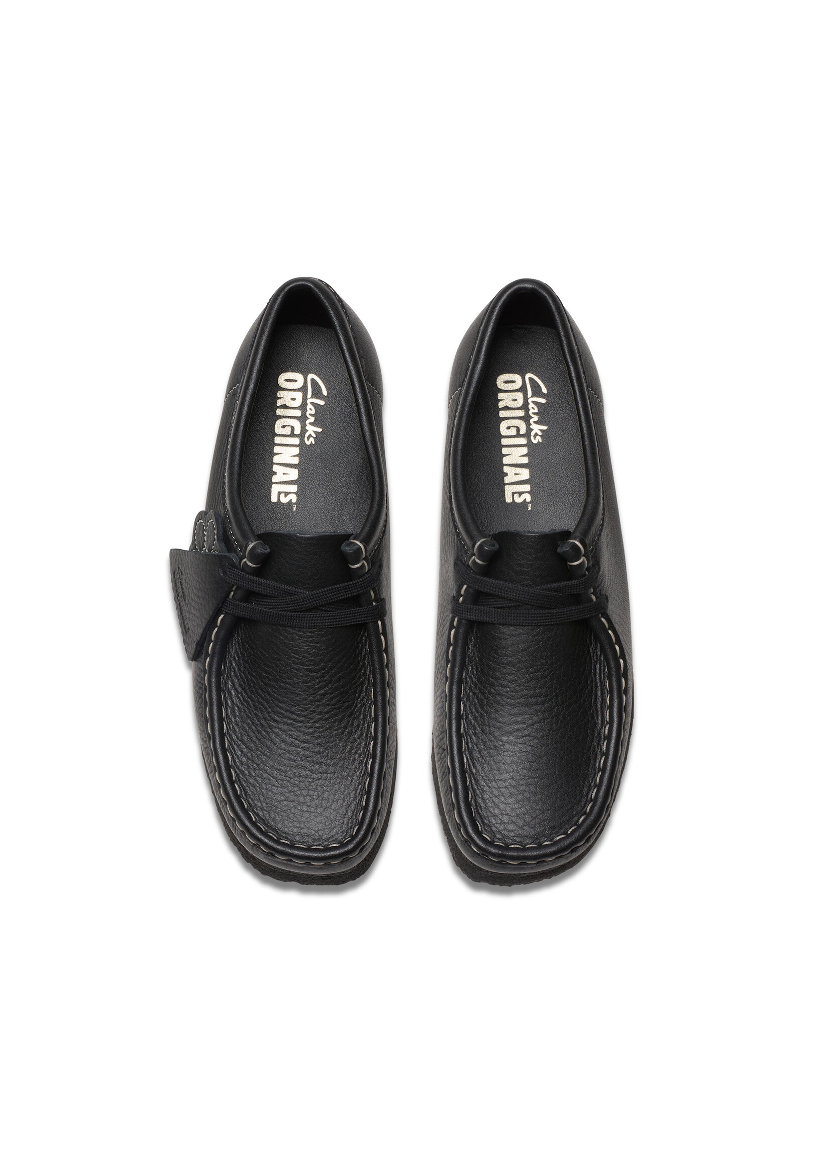 Clarks Women’s Wallabee Black Tumbled Leather Moccasin Shoes – Hand‑Stitched Center‑Seam Moccasin Construction, Tassel Lace‑Up Trim & Signature Crepe Sole (Style 26180679)