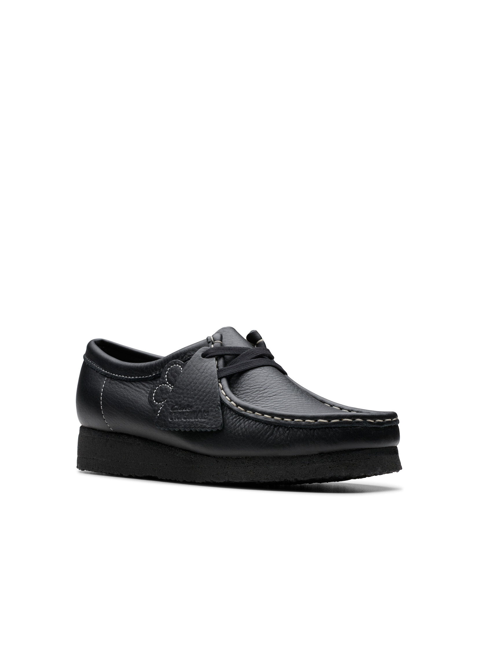 Clarks Women’s Wallabee Black Tumbled Leather Moccasin Shoes – Hand‑Stitched Center‑Seam Moccasin Construction, Tassel Lace‑Up Trim & Signature Crepe Sole (Style 26180679)