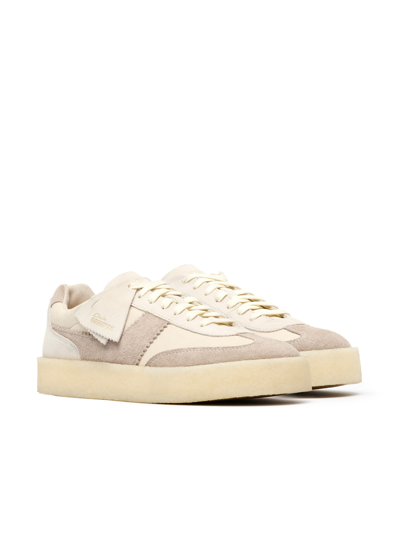 Clarks Mens Tor 80 – White Nubuck & Suede, Natural Crepe Sole, Lace-Up Sneakers (26184637)