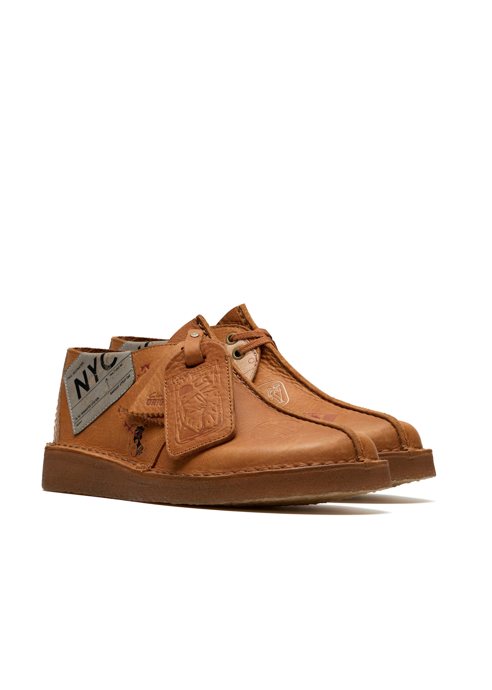 Clarks Mens Desert Travel Trek – Tan Brown Leather with Travel Stickers, Natural Crepe Sole, (26183897)