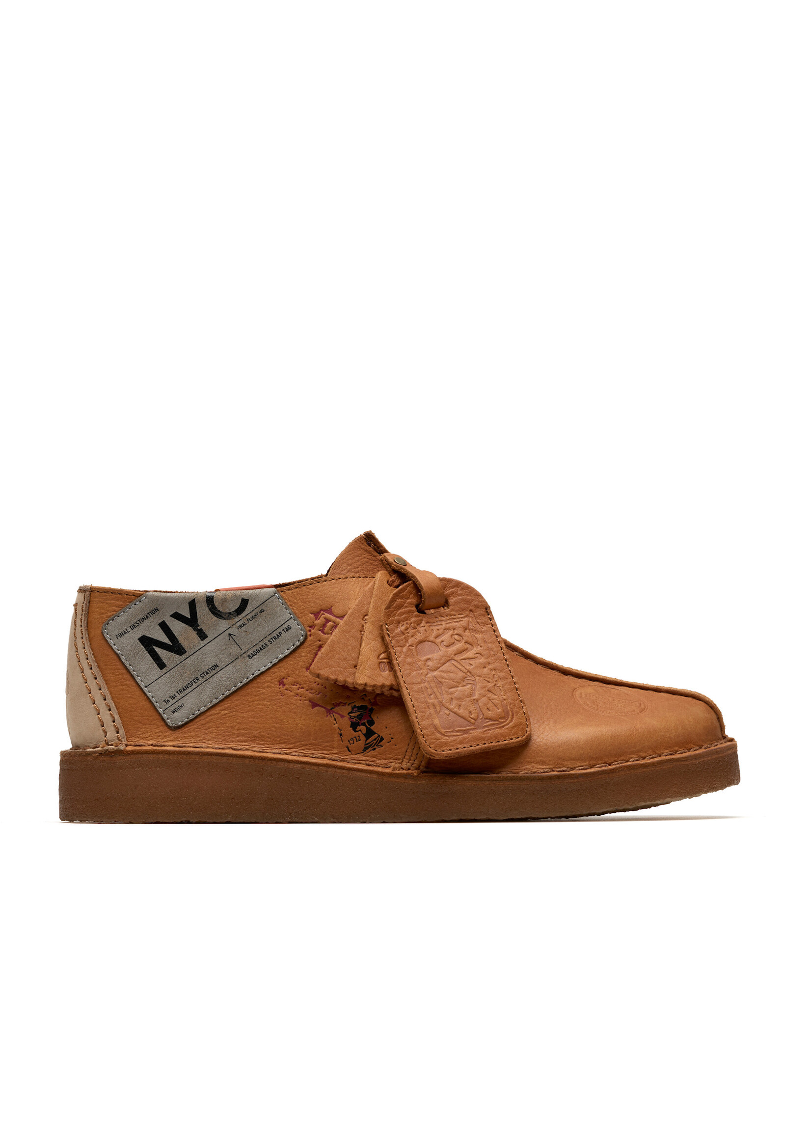 Clarks Mens Desert Travel Trek – Tan Brown Leather with Travel Stickers, Natural Crepe Sole, (26183897)