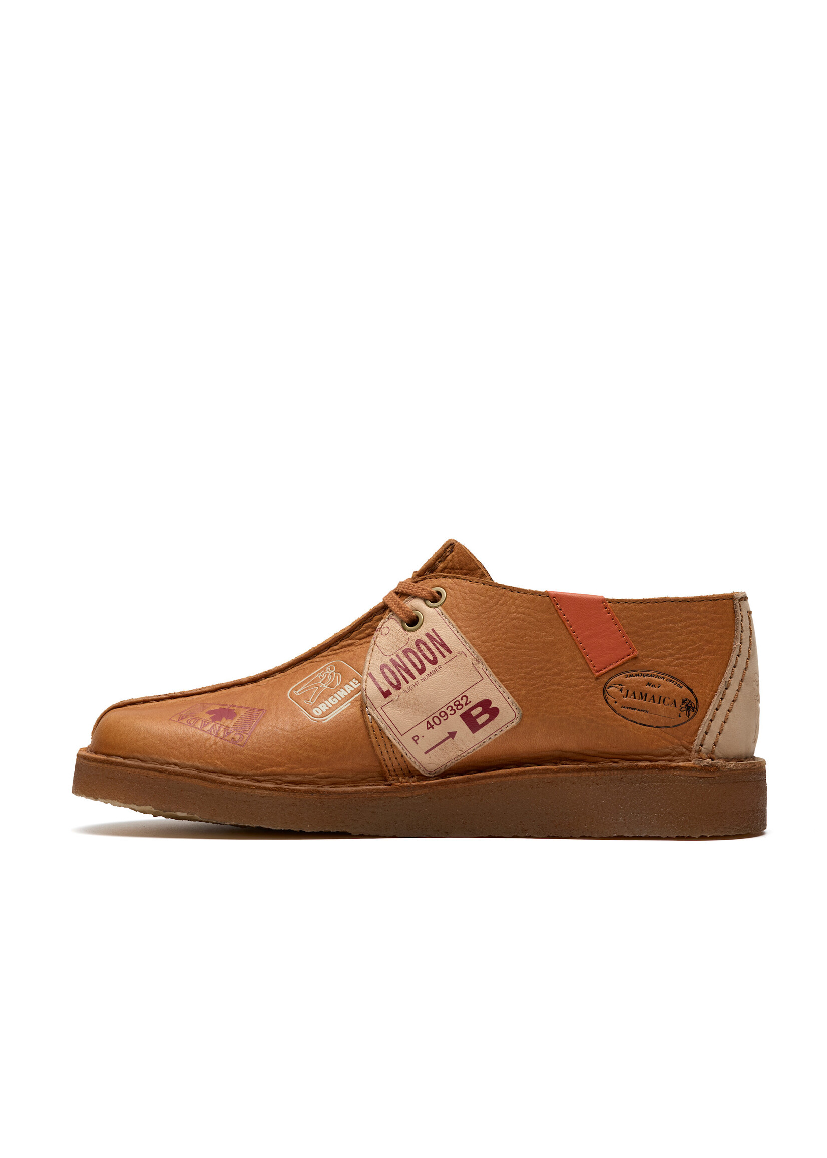 Clarks Mens Desert Travel Trek – Tan Brown Leather with Travel Stickers, Natural Crepe Sole, (26183897)