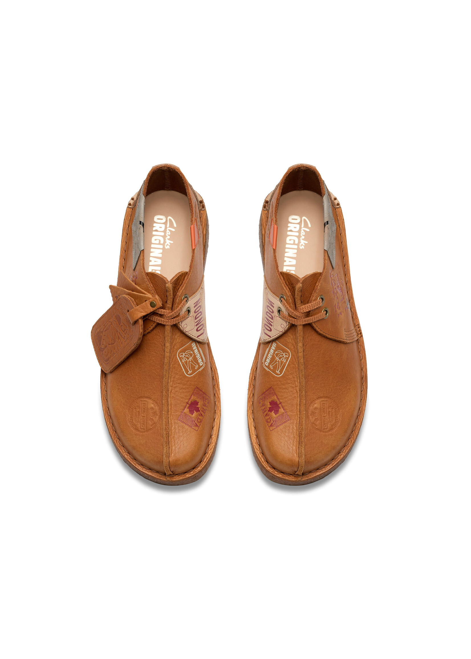 Clarks Mens Desert Travel Trek – Tan Brown Leather with Travel Stickers, Natural Crepe Sole, (26183897)
