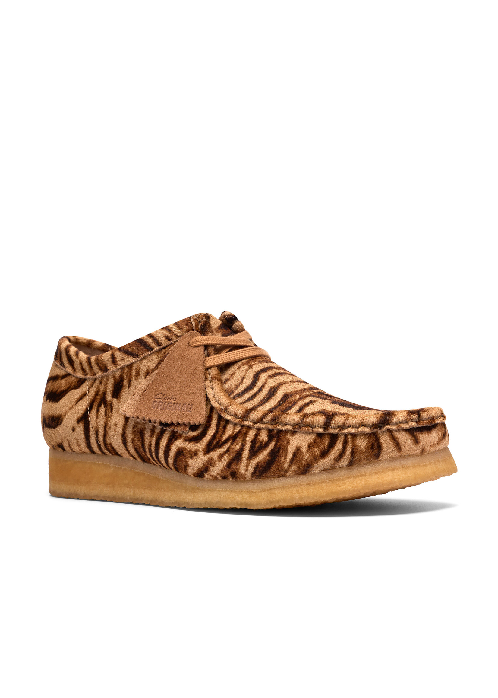 Clarks Men’s Wallabee Tiger Print Brown Suede Moc Toe Shoes with Crepe Sole – Style 26185658