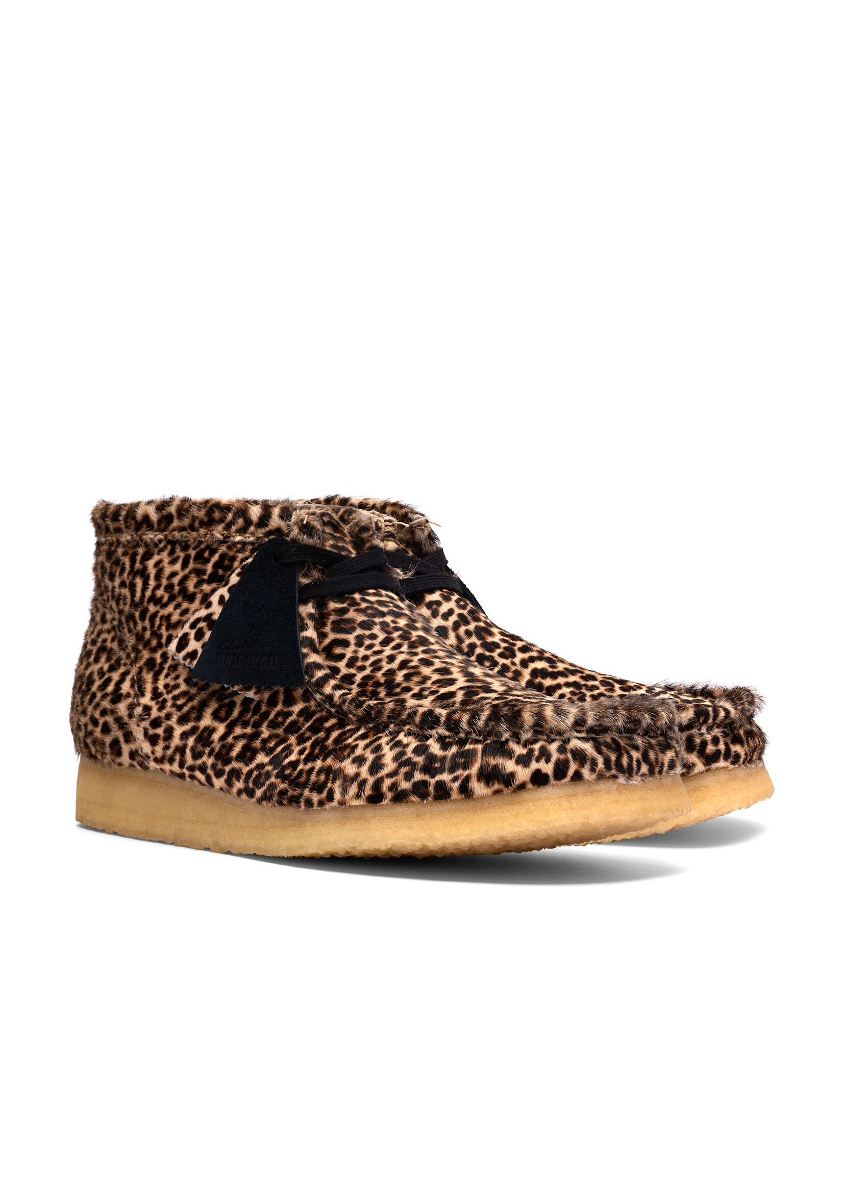 Clarks Men’s Wallabee Boot – Brown Leopard Print Hair-On Suede Upper, Pebble Crepe Sole (Style 26186512)