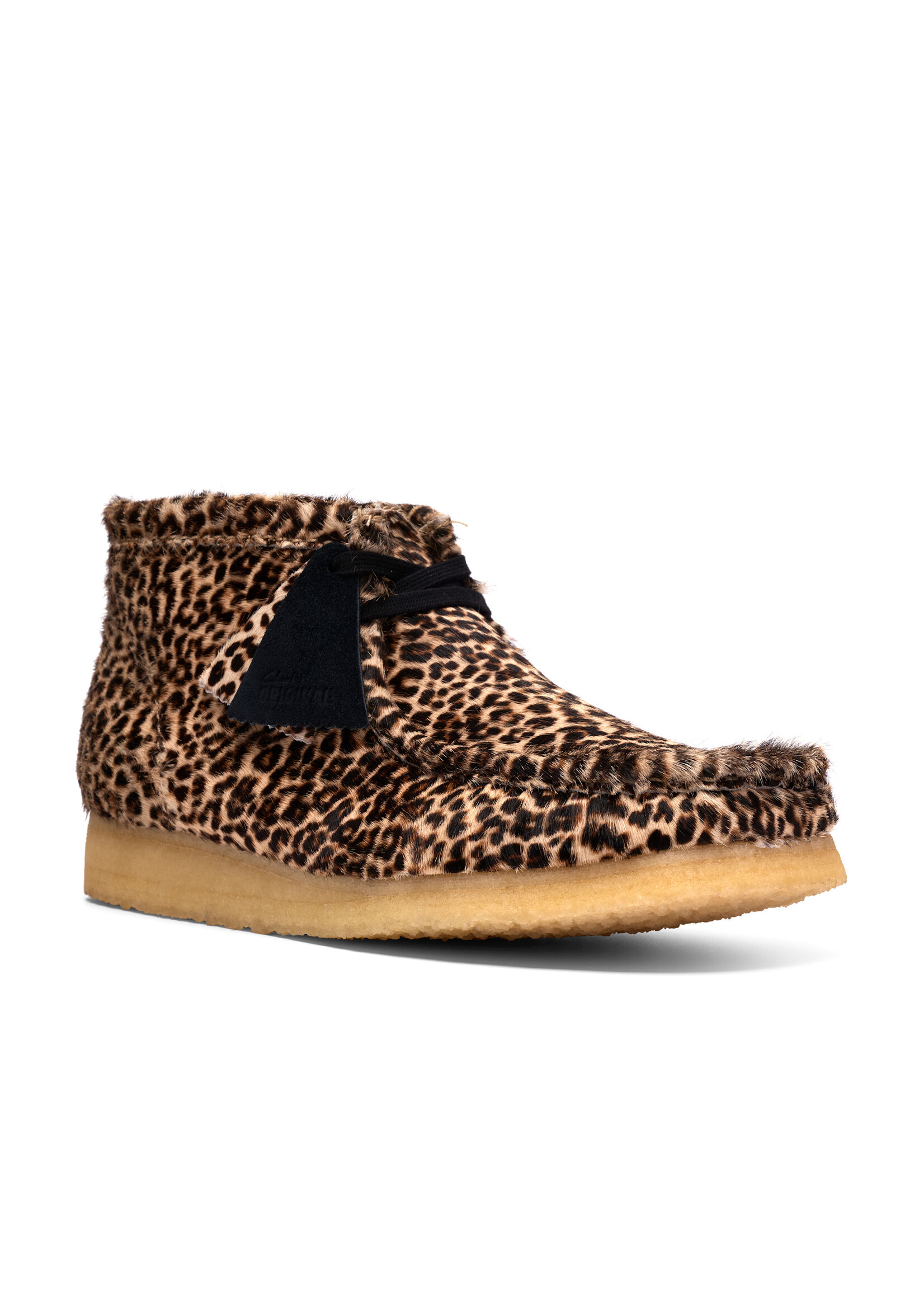 Clarks Men’s Wallabee Boot – Brown Leopard Print Hair-On Suede Upper, Pebble Crepe Sole (Style 26186512)
