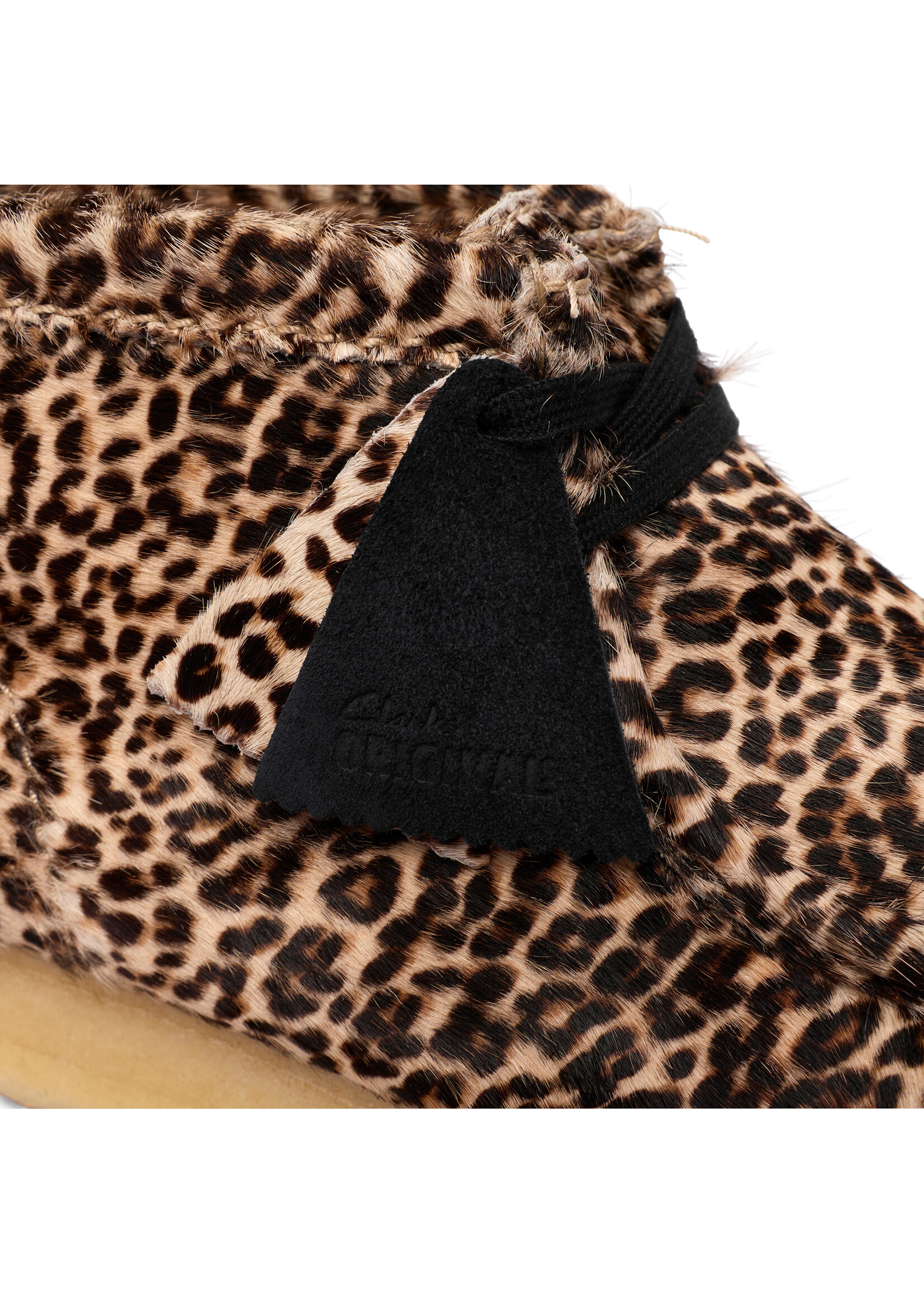 Clarks Men’s Wallabee Boot – Brown Leopard Print Hair-On Suede Upper, Pebble Crepe Sole (Style 26186512)