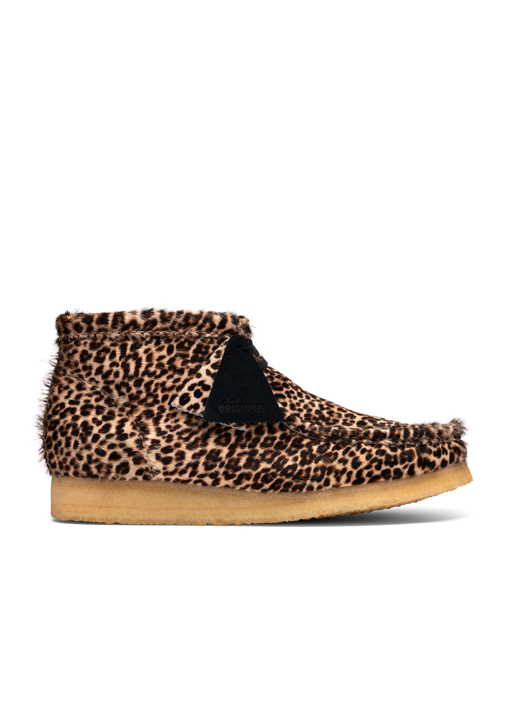 Clarks Men’s Wallabee Boot – Brown Leopard Print Hair-On Suede Upper, Pebble Crepe Sole (Style 26186512)