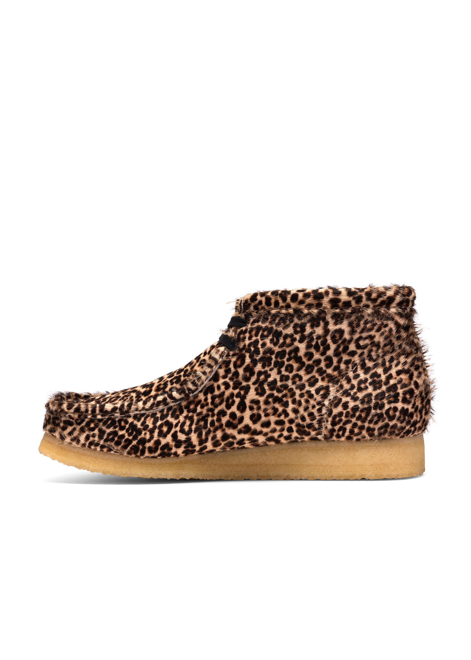 Clarks Men’s Wallabee Boot – Brown Leopard Print Hair-On Suede Upper, Pebble Crepe Sole (Style 26186512)