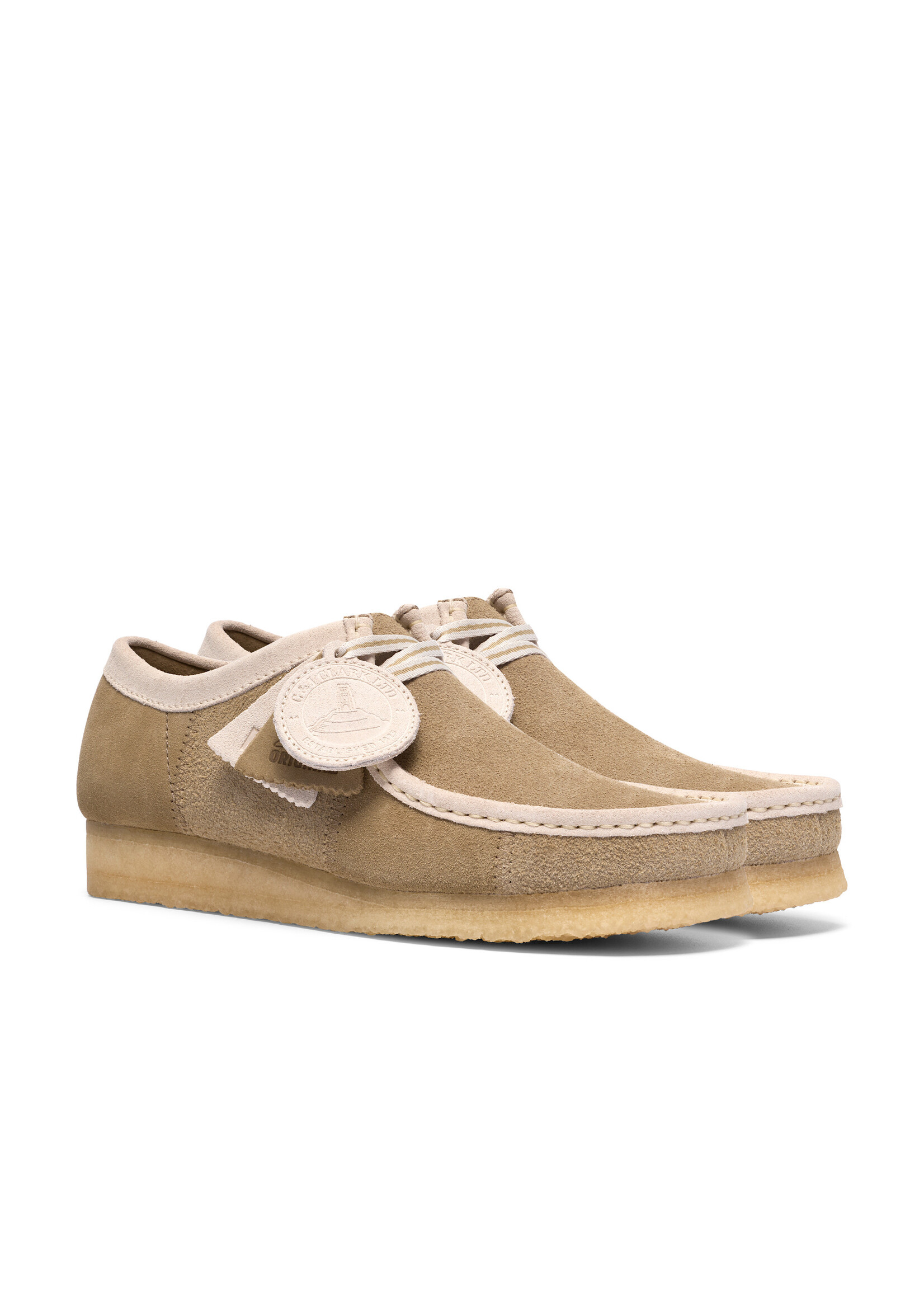 Clarks Originals Men’s Wallabee Maple Beige Stripe Suede Shoes – Natural Crepe Sole, Style 26185672