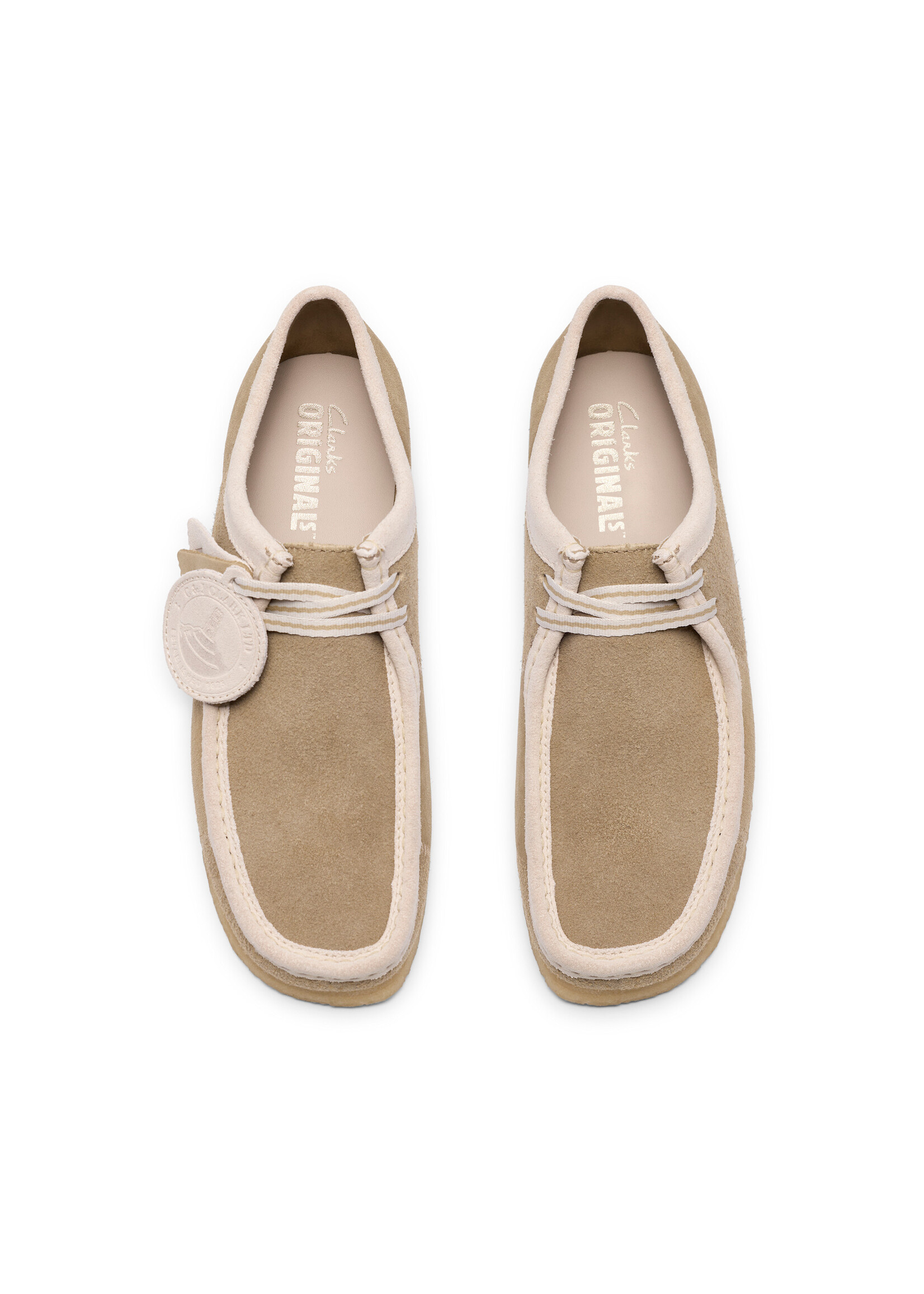 Clarks Originals Men’s Wallabee Maple Beige Stripe Suede Shoes – Natural Crepe Sole, Style 26185672