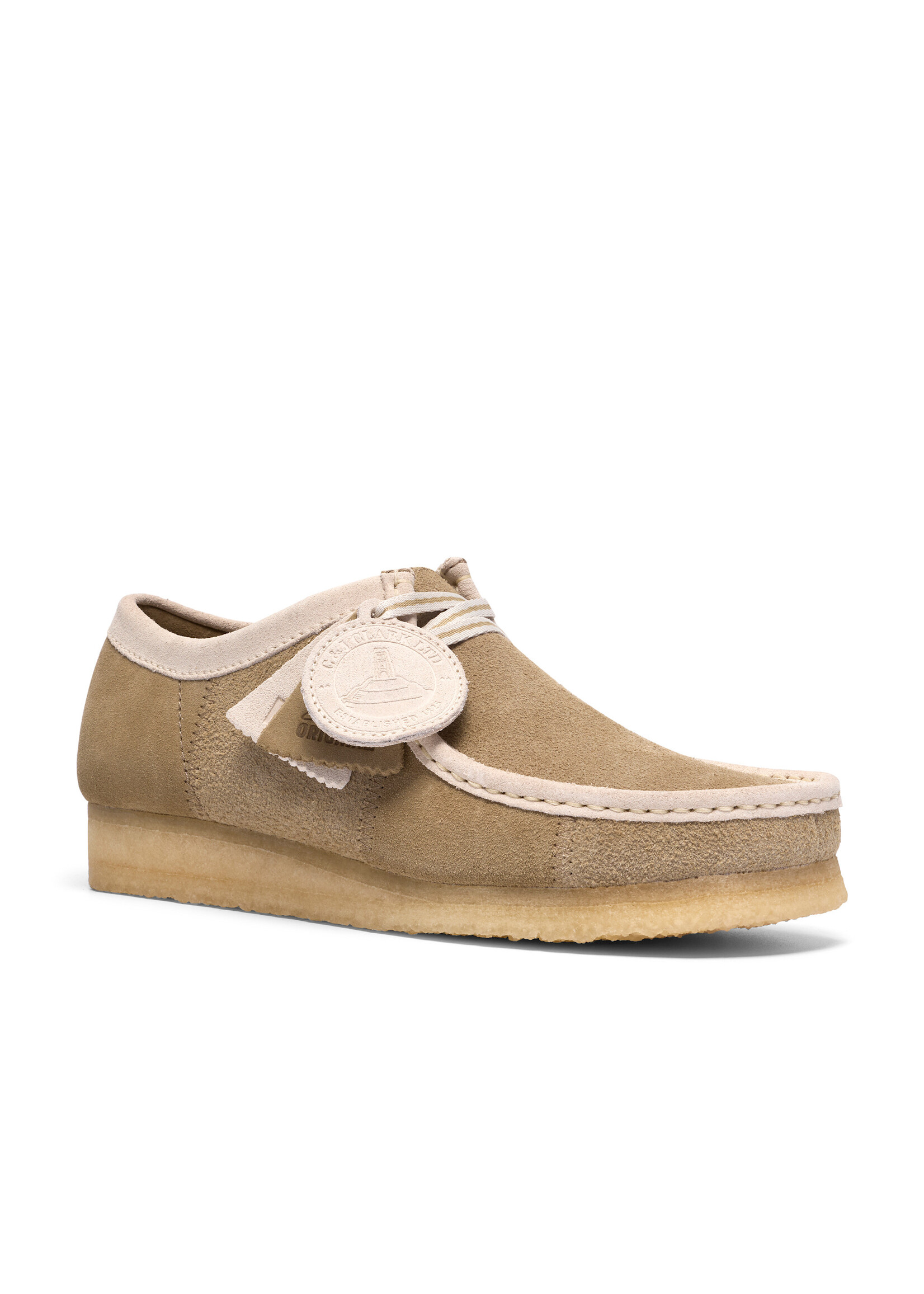 Clarks Originals Men’s Wallabee Maple Beige Stripe Suede Shoes – Natural Crepe Sole, Style 26185672